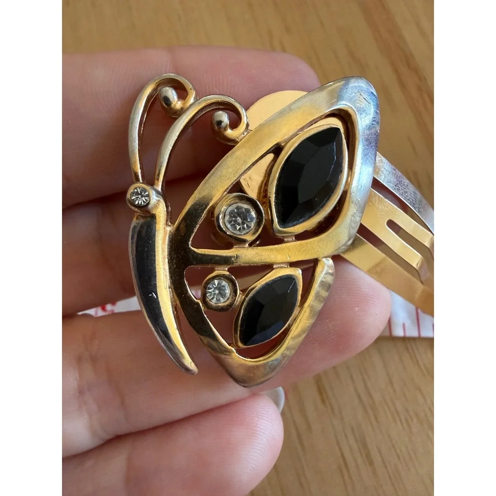 Butterfly Hair Clip Gold Tone Black Stone Rhinestone Snap Barrette Mixed Metal